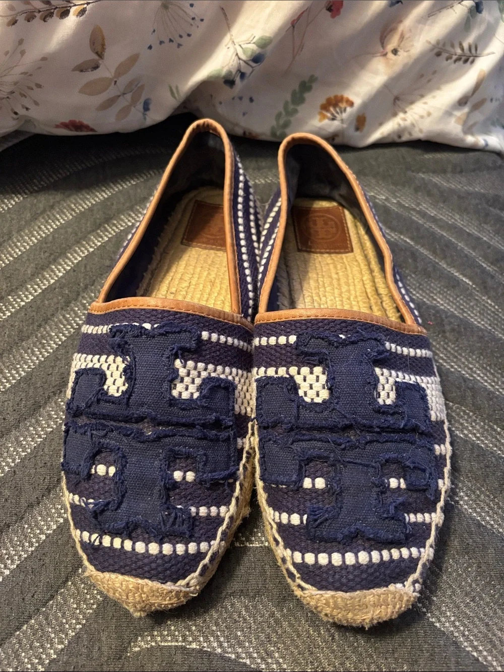 Tory Burch Blue Shaw Espadrilles Cotton/Vegan Leather Shoes size 9